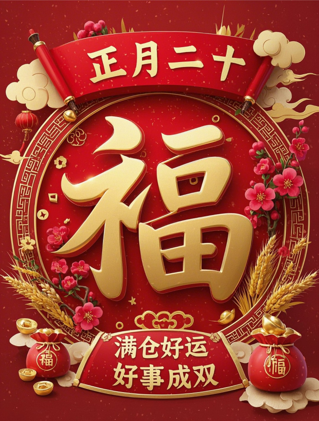 原创首发正月二十最美祝福语图片，正月二十，好事成双，好运满仓，开学季早安吉祥！-5835-2