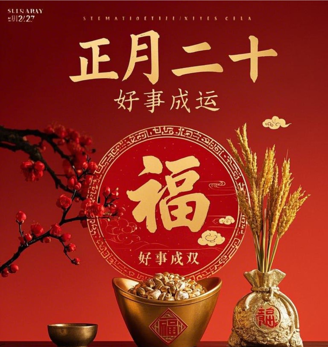 原创首发正月二十最美祝福语图片，正月二十，好事成双，好运满仓，开学季早安吉祥！-5835-3