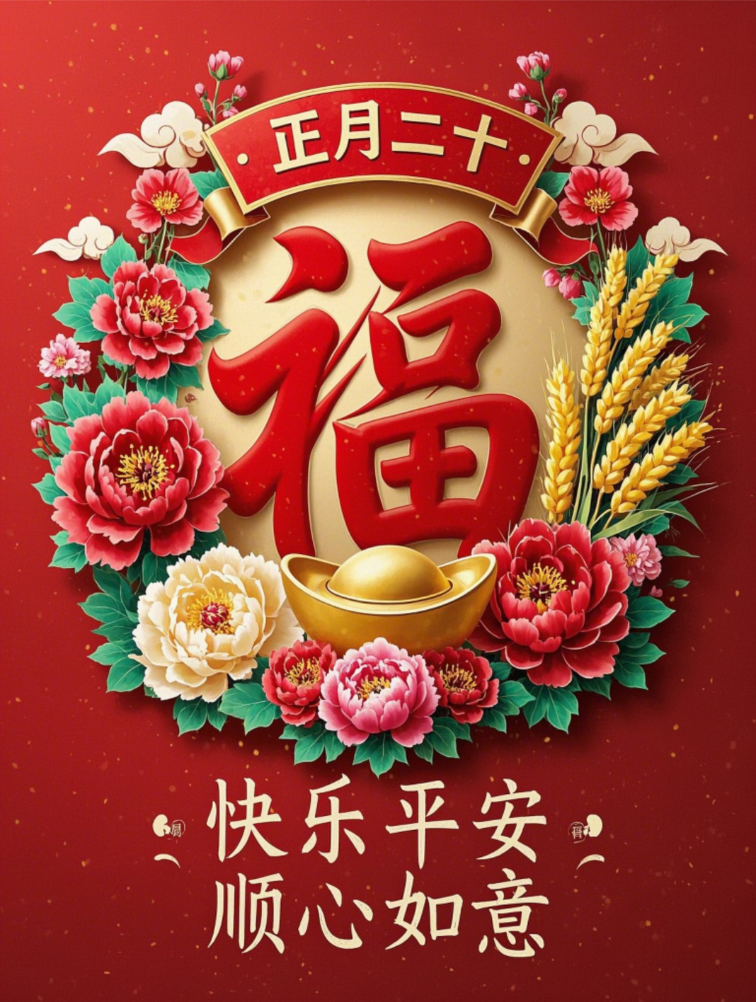 原创首发正月二十最美祝福语图片，正月二十，好事成双，好运满仓，开学季早安吉祥！-5835-4