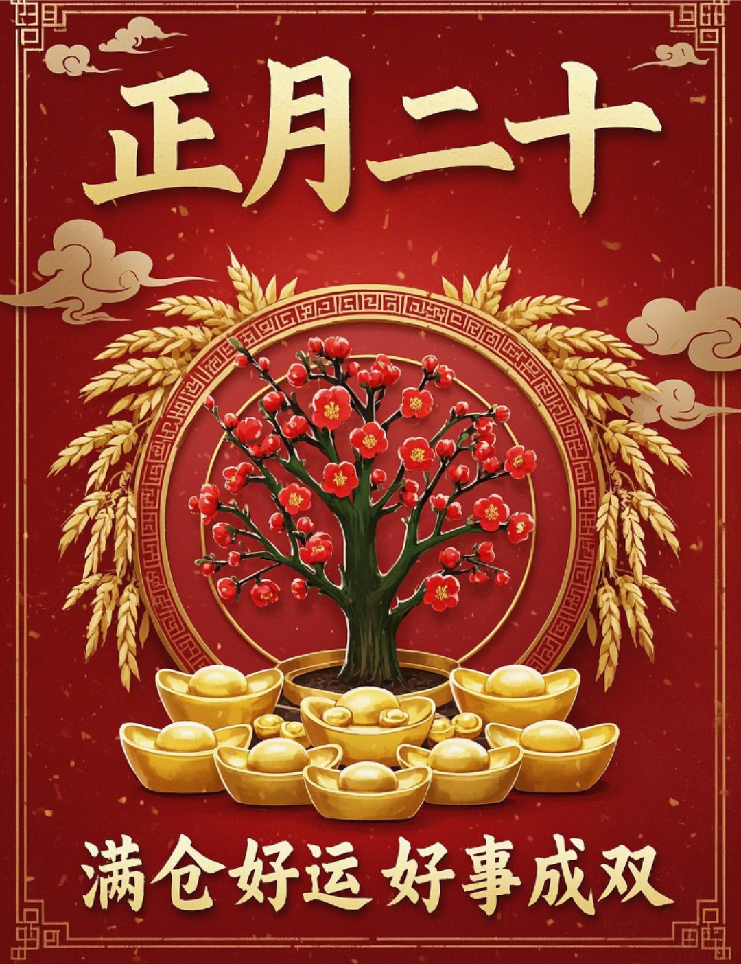 原创首发正月二十最美祝福语图片，正月二十，好事成双，好运满仓，开学季早安吉祥！-5835-7