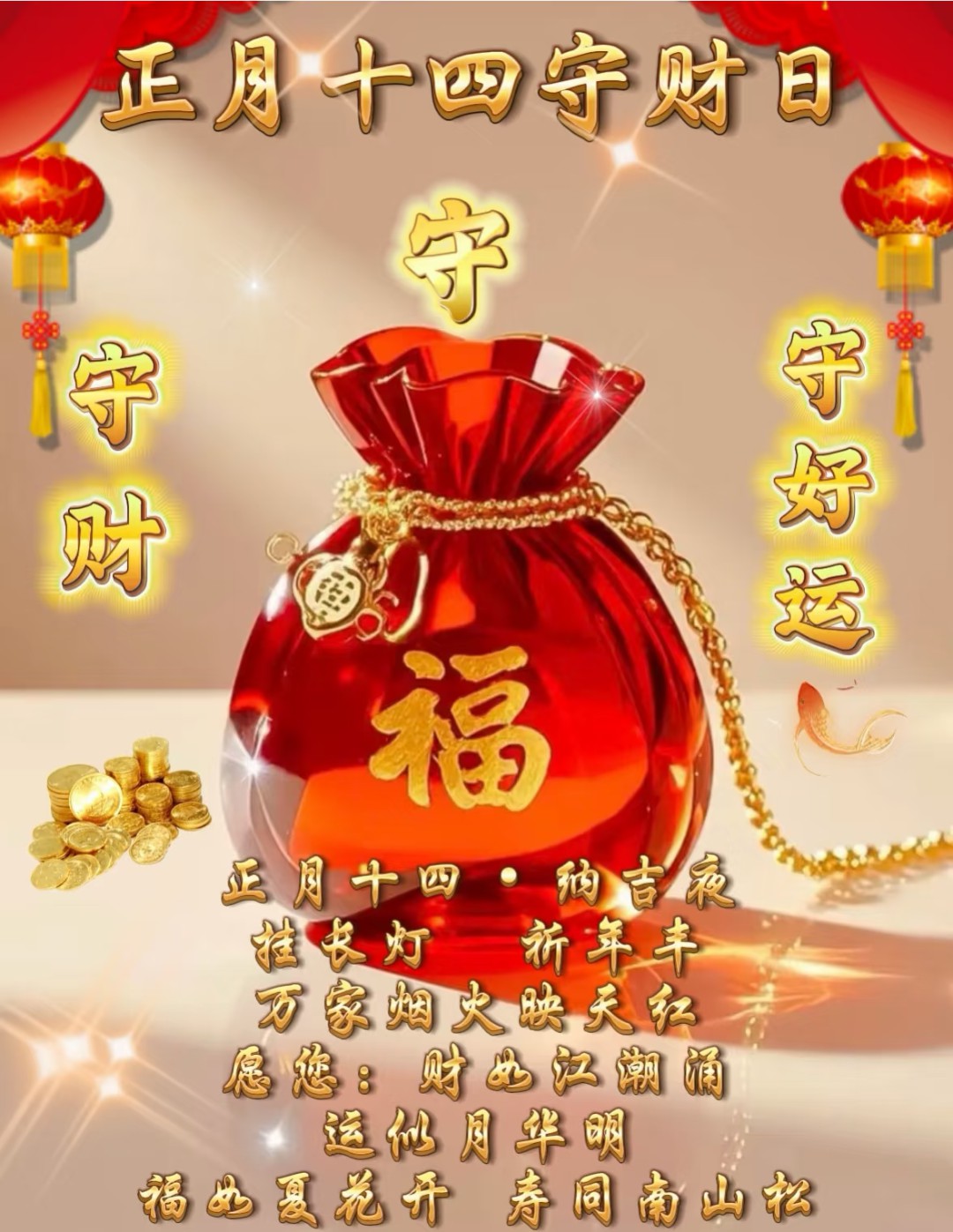 正月十四早安吉祥，声声祝福送给你，祝你事事都如意。大年十四，大吉大利、四季平安、四季发财、事事如愿。-5844-6