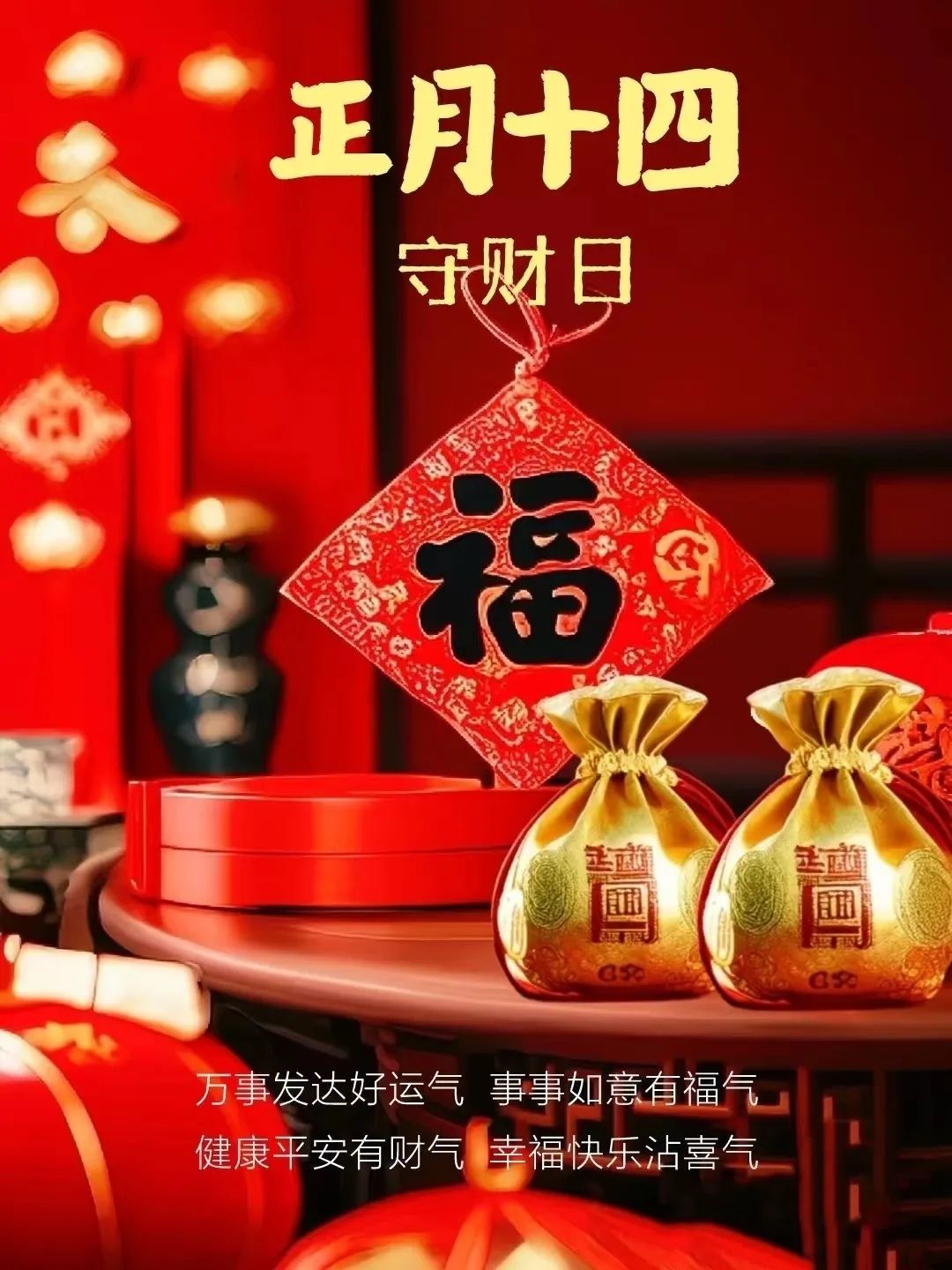 正月十四早安吉祥，声声祝福送给你，祝你事事都如意。大年十四，大吉大利、四季平安、四季发财、事事如愿。-5844-8