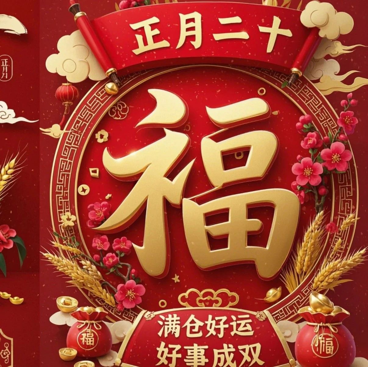 题图-原创首发正月二十最美祝福语图片，正月二十，好事成双，好运满仓，开学季早安吉祥！
